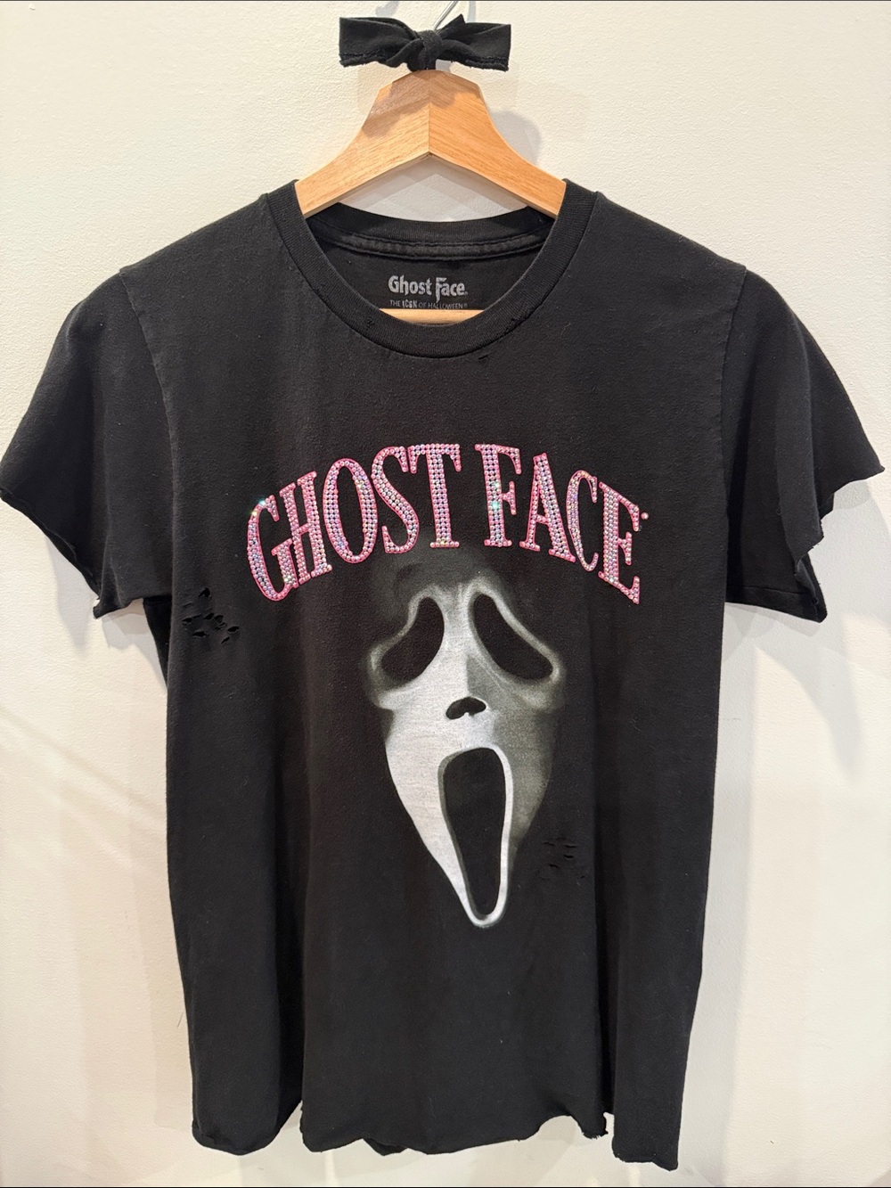 Upcycled SCREAM Ghost Face Graphic Tee with Rhinestones